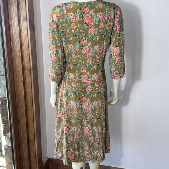 Vintage 80's Green Cottagecore Rose Floral Button Down Maxi Dress Medium - Picture 6 of 16